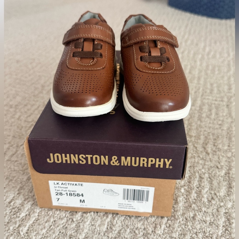Johnston & Murphy Kids Tan Leather Velcro Sneakers